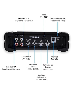 Amplificador para automovil steelpro nano-2000 de 9.6 v