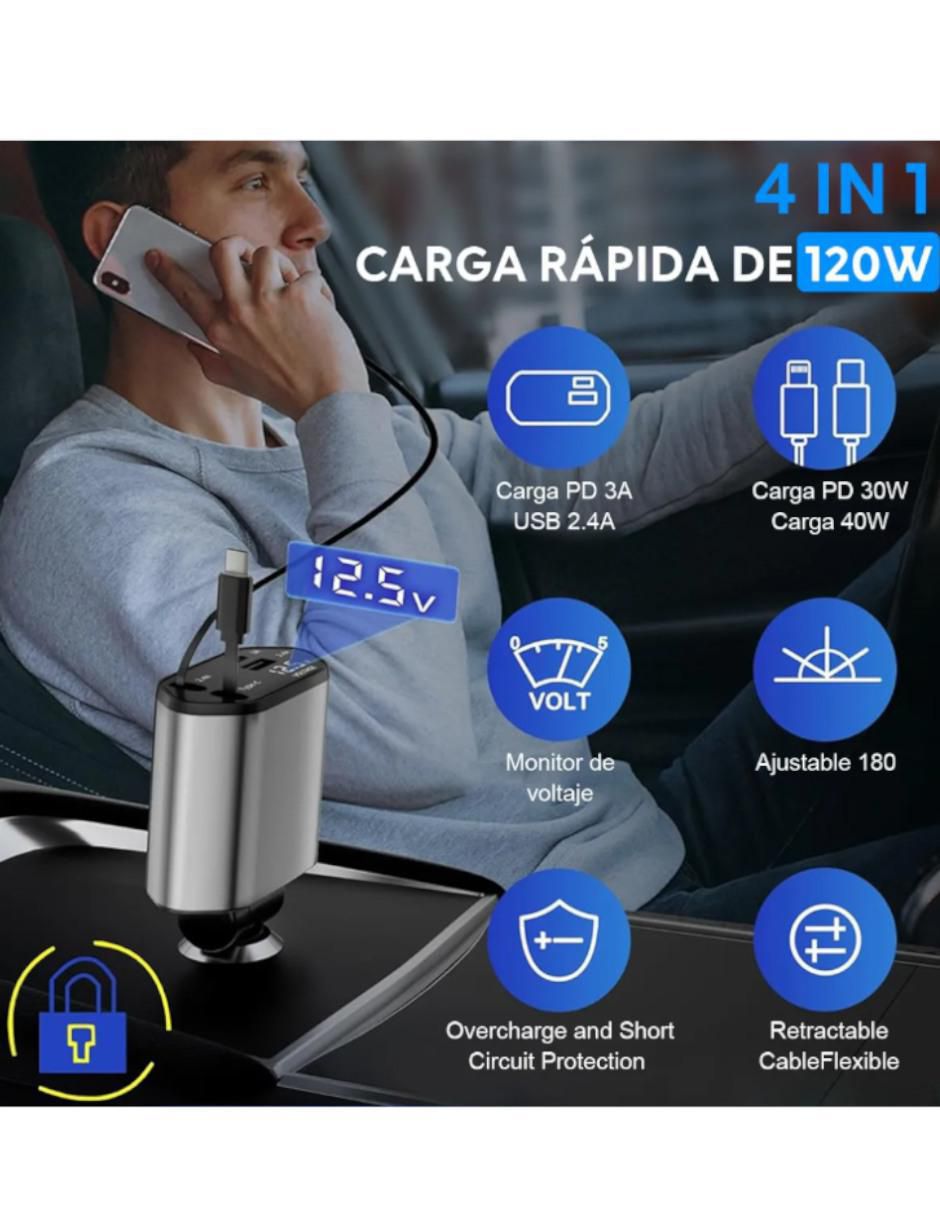 Cargador auto de 120 W USB + USB tipo C 3